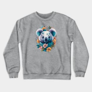 Cute laughing Koala bear with florals and foliage t-shirt design, apparel, mugs, cases, wall art, stickers, travel mug Crewneck Sweatshirt